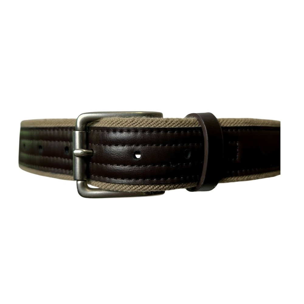 Mens Tan Canvas and Brown Faux Leather Casual Belt Silver Buckle 48‎ Inch Length